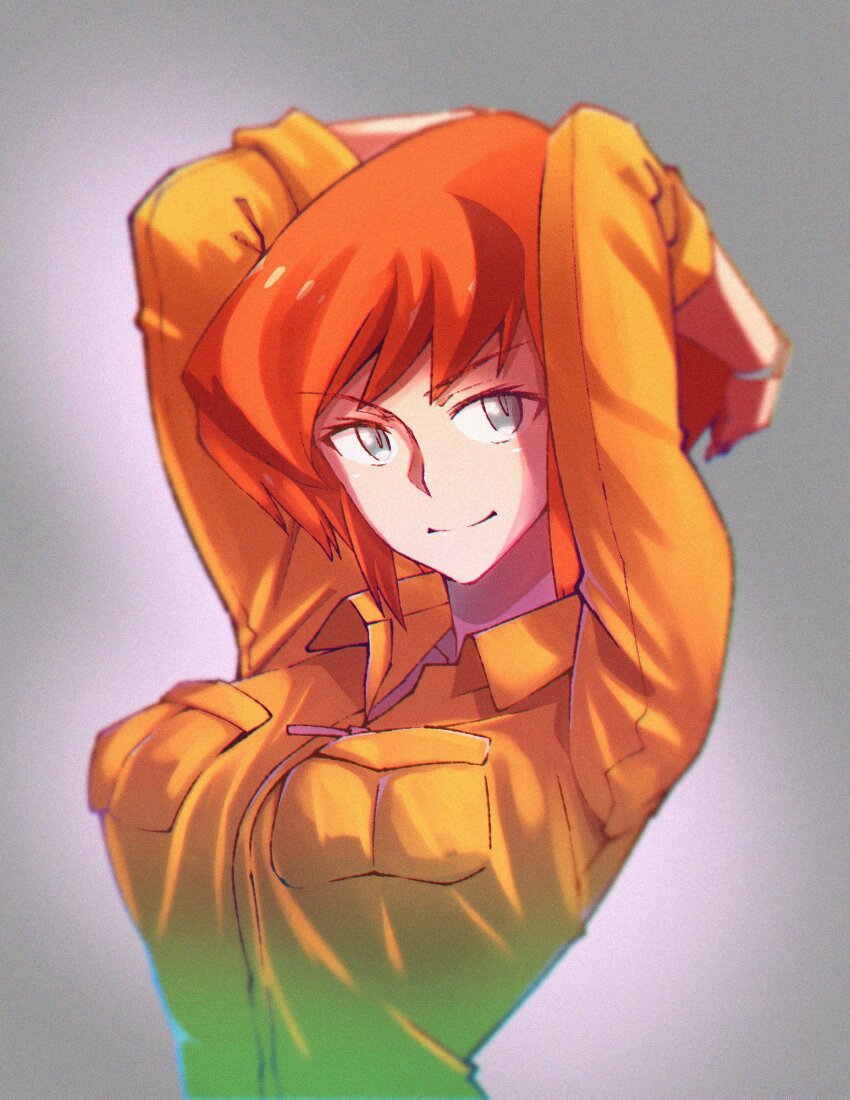 1girl, april_o'neil, arms_up, blue_eyes, breast_pocket, breasts, brown_hair, choppy_bangs