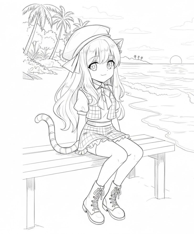 akemithekitten, animal_ears, beach, cat_ears, cat_girl, cat_tail, child, chloeakemi, happy, original, sitting, sketch, tail