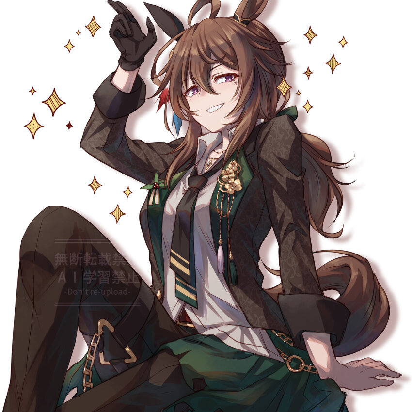 1girl, :d, ahoge, animal_ears, arm_up, black_gloves, black_jacket, black_necktie