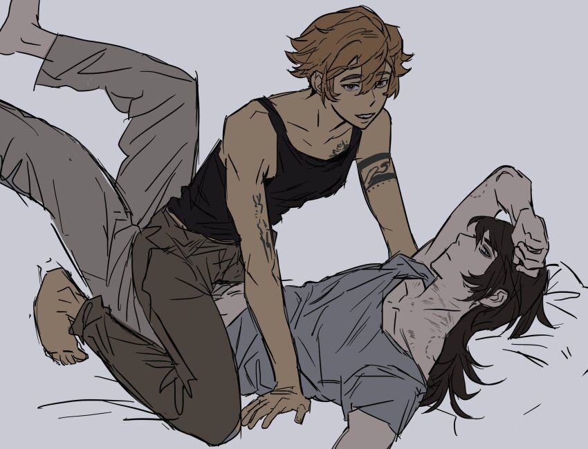 1boy, 1girl, abaddon_(haunted_hotel), absurdres, arm_tattoo, assertive_female, bed_sheet, bite_mark