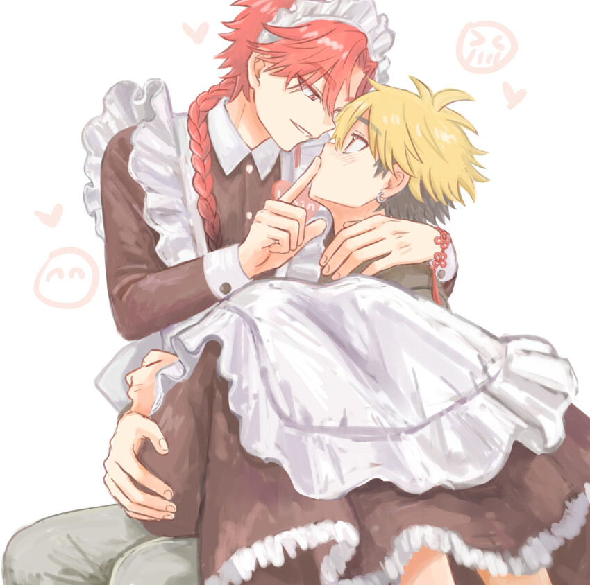 2boys, alternate_costume, apron, beads, black_dress, black_hair, blonde_hair, blush, bracelet, braid, braided_ponytail, crossdressing, crossdressing_(mtf), dress, earrings, enmaided, eye_contact, finger_to_another's_mouth, finger_to_mouth, frilled_apron, frills, grey_pants, heart, highres, index_finger_raised, jewelry, long_hair, long_sleeves, looking_at_another, maid, maid_apron, maid_headdress, male_focus, male_maid, multicolored_hair, multiple_boys, ne_mum2, on_lap, pants, parted_lips, red_eyes, red_hair, shiguang_dailiren, short_hair, shushing, simple_background, single_braid, sitting, sitting_on_lap, sitting_on_person, smile, two-tone_hair, white_apron, white_background, xia_fei, xiao_weiying, yaoi