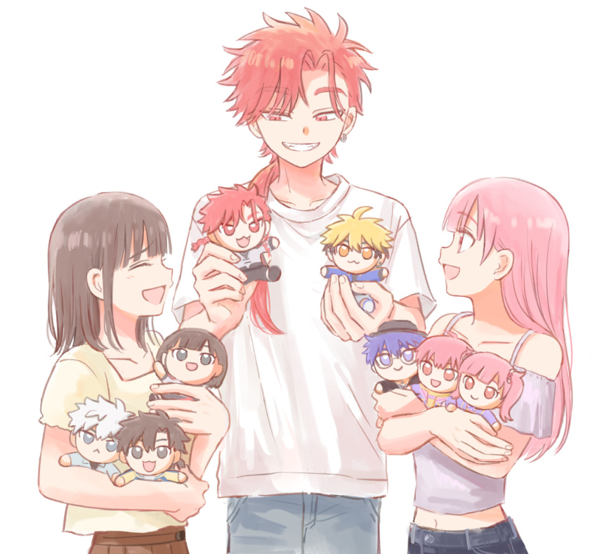 1boy, 2girls, black_hair, blonde_hair, brown_hair, character_doll, cheng_xiaoshi, closed_eyes