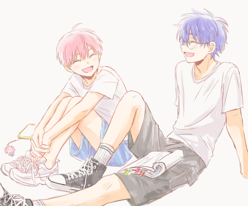 2boys, aged_down, blue_hair, blue_shorts, blush, book, brothers, cellphone