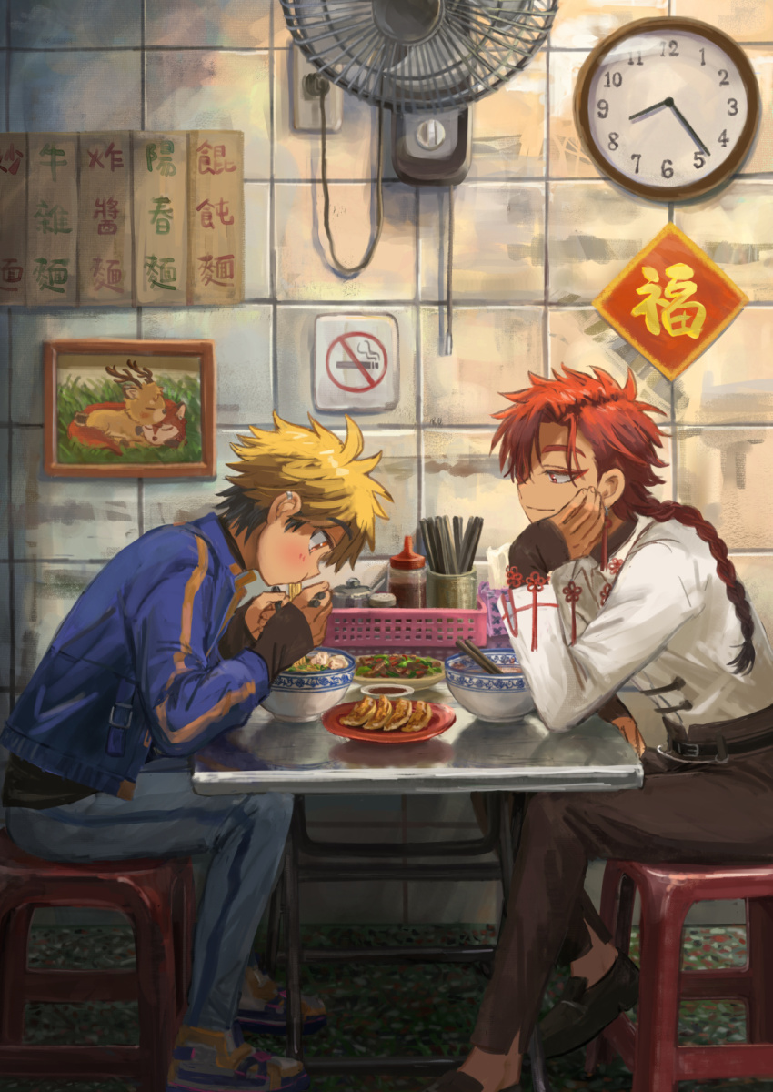2boys, analog_clock, black_hair, blonde_hair, blue_jacket, bowl, braid, chinese_clothes