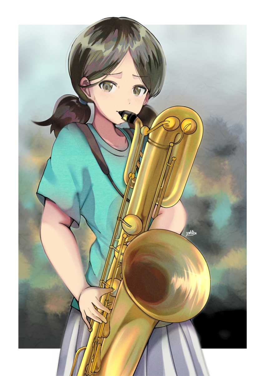 1girl, baritone_saxophone, black_hair, blue_shirt, brown_eyes, hair_tie, hibike!_euphonium, highres