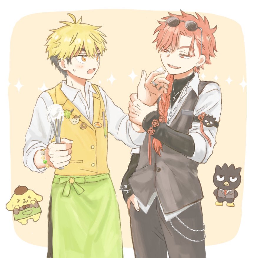 2boys, apron, black_hair, black_pants, blonde_hair, blush, border, bracelet
