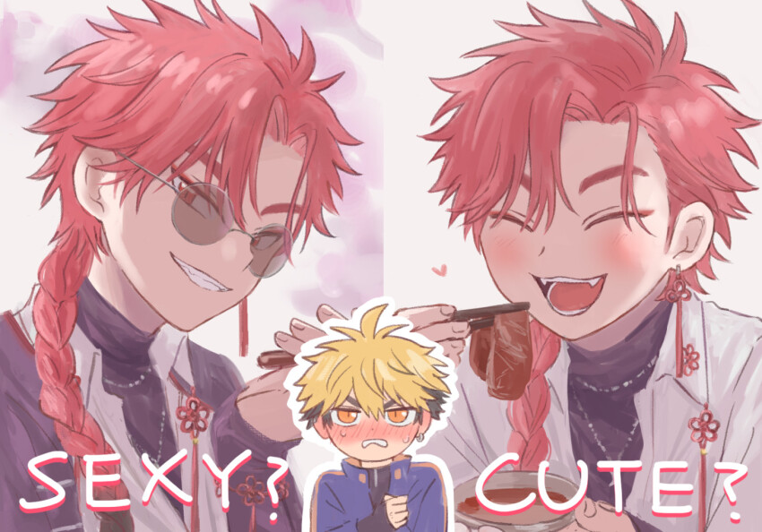 2boys, black_hair, black_shirt, blonde_hair, blue_jacket, blush, braid, chopsticks, cigarette, closed_eyes, collared_shirt, earrings, fangs, food, grin, holding, holding_chopsticks, holding_cigarette, implied_yaoi, jacket, jewelry, long_hair, long_sleeves, looking_at_viewer, male_focus, meat, mole, mole_under_eye, multicolored_hair, multiple_boys, ne_mum2, necklace, open_mouth, orange_eyes, red_eyes, red_hair, round_eyewear, shiguang_dailiren, shirt, short_hair, simple_background, single_braid, single_earring, smile, smoke, sunglasses, tassel, teeth, two-tone_hair, upper_body, white_background, white_jacket, white_shirt, xia_fei, xiao_weiying, yaoi