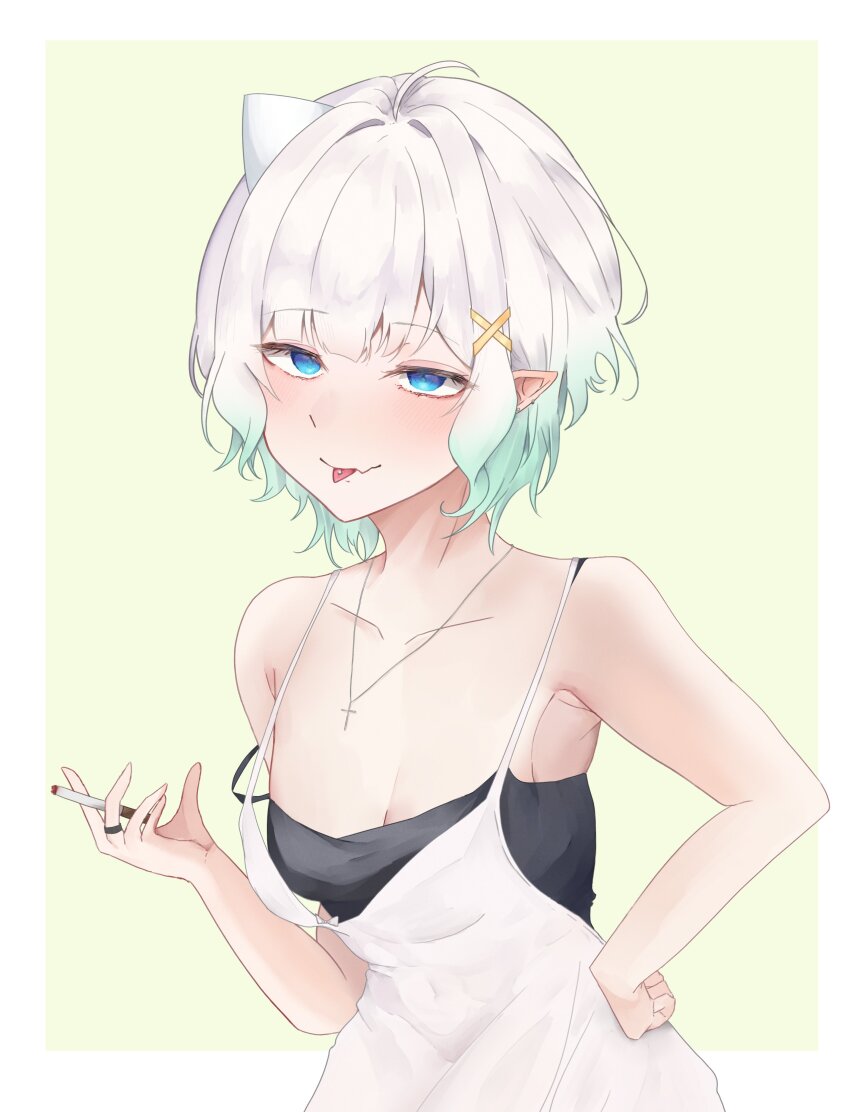 1girl, absurdres, black_tank_top, blush, cigarette, densetsu.exe, dress, fang