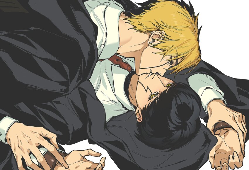 2boys, adam's_apple, black_hair, black_robe, blonde_hair, boy_on_top, collared_shirt, commentary_request