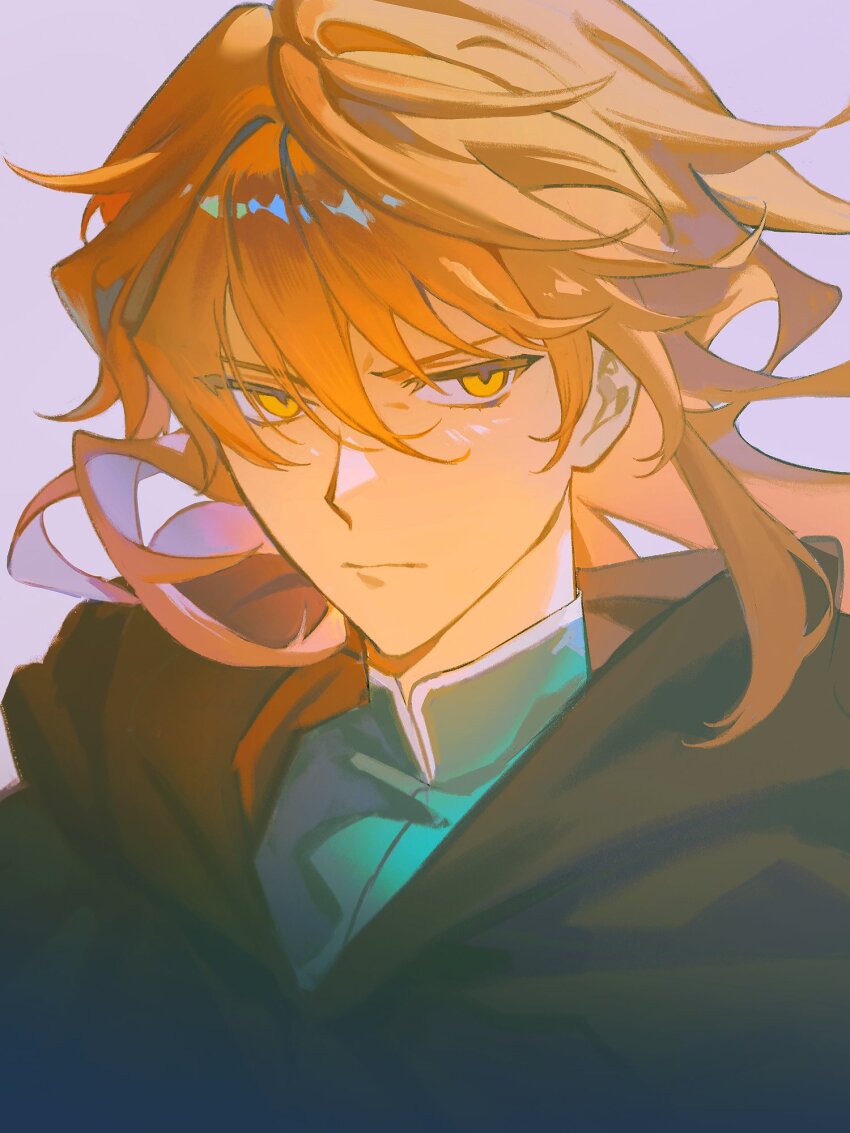 1boy, alternate_hairstyle, black_cape, cape, chaldea_no_mono, closed_mouth, coat, commentary_request