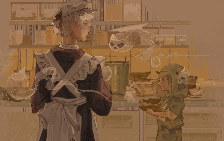 2others, adapted_costume, alternate_costume, androgynous, apron, back_bow, black_bow, blue_eyes, blue_hair, book_of_the_cafe, bow, bowl, closed_mouth, commentary, cooking_pot, criss-cross_back-straps, enmaided, expressionless, fairy_(len'en), food_print, frilled_apron, frilled_headwear, frills, fruit_print, fujiwara_no_iyozane, ghost, ghost_(len'en), grape_print, grey_jacket, hat, hat_bow, hatsburg, highres, holding, holding_bowl, hood, hood_up, hooded_jacket, indoors, jacket, japanese_clothes, kimono, kitchen, layered_sleeves, len'en, lips, long_sleeves, looking_to_the_side, maid, mob_cap, multiple_others, nervous_sweating, nostrils, open_clothes, open_jacket, other_focus, print_kimono, purple_kimono, realistic, ribbon-trimmed_headwear, ribbon_trim, short_hair, size_difference, sleeves_rolled_up, sweat, untranslatable_commentary, tile_wall, tiles, triangular_headpiece, wa_maid, walking, white_apron, white_bow, white_eyes, white_hair, white_hat, wide_sleeves