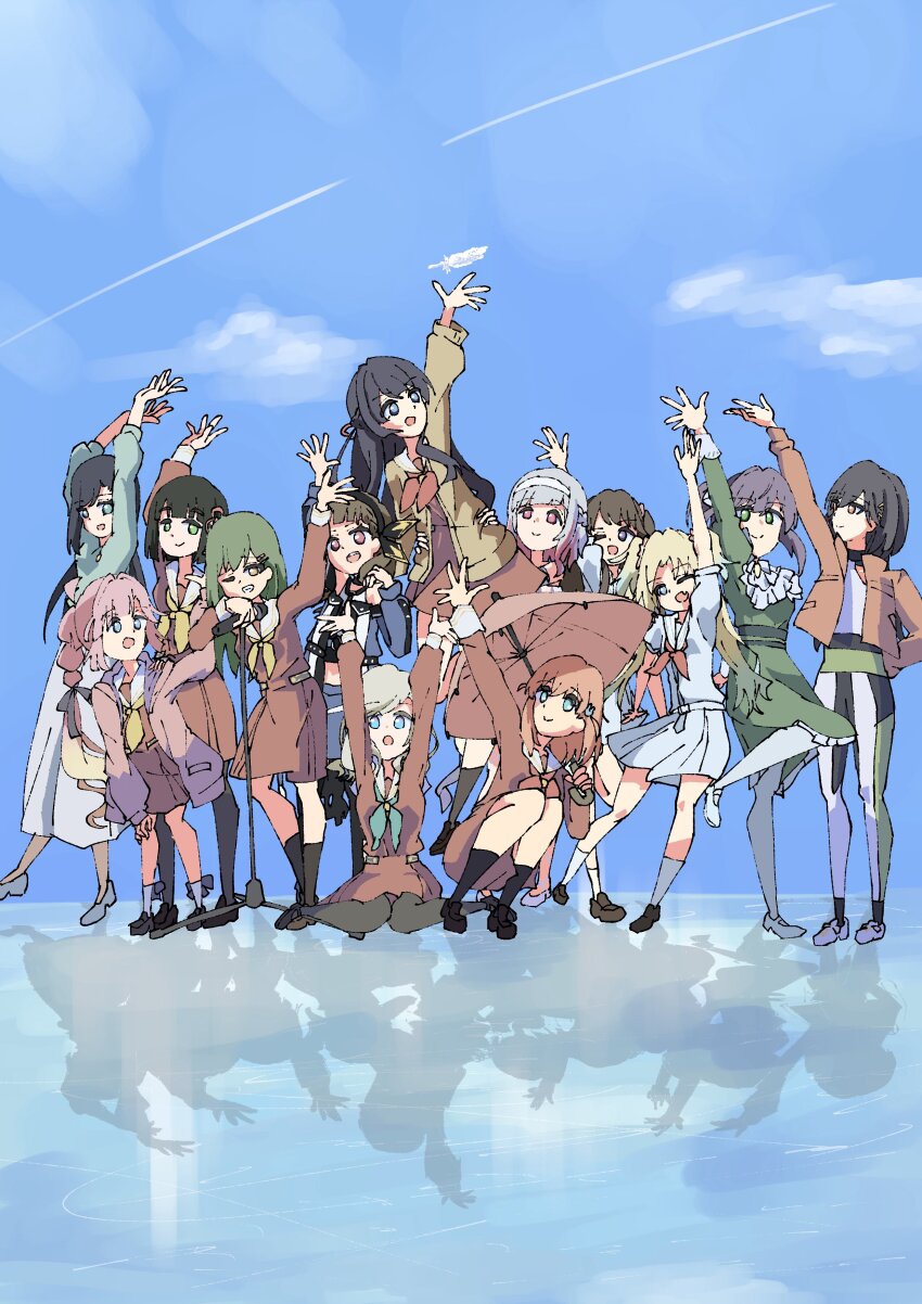 6+girls, :d, absurdres, ahoge, akisato_minaho, ampere_(love_live!), anyoji_hime, black_hair