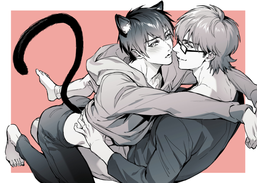 2boys, ace_of_diamond, animal_ears, barefoot, blush, border, boy_on_top, cat_boy
