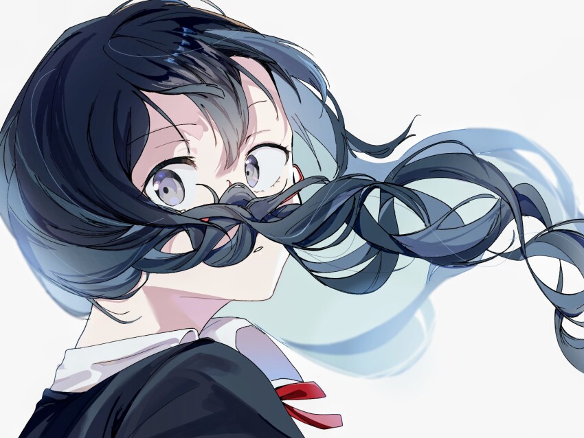 1girl, anegoma567, black_hair, black_jacket, collared_shirt, commentary_request, floating_hair, glasses