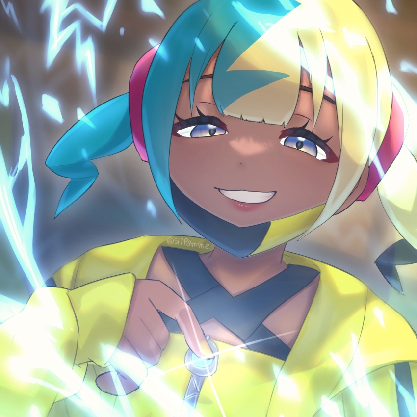 1girl, 517pomme, aqua_hair, bandeau, black_mask, blonde_hair, blue_eyes, breasts