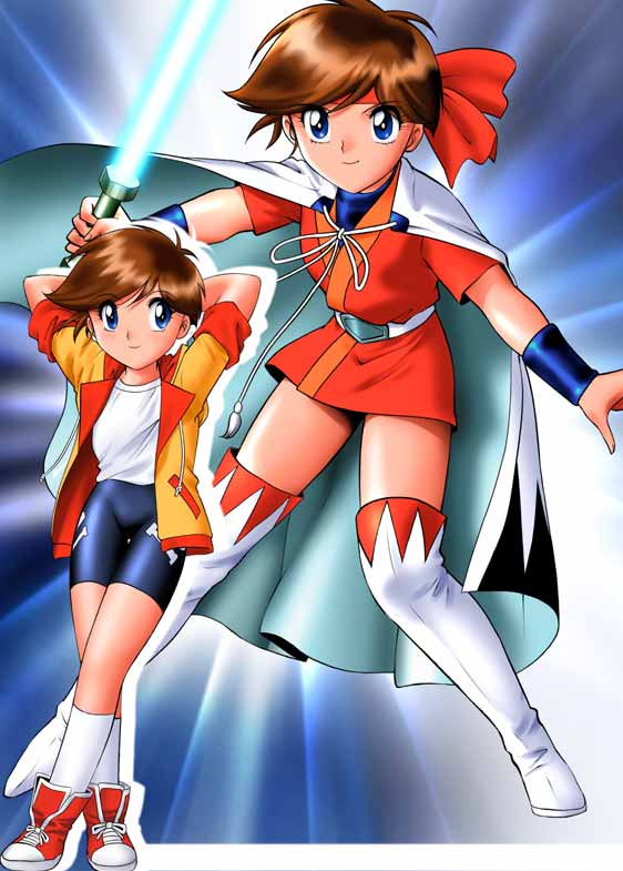 1girl, arms_behind_head, bike_shorts, blue_eyes, boots, brown_hair, cape, energy_sword