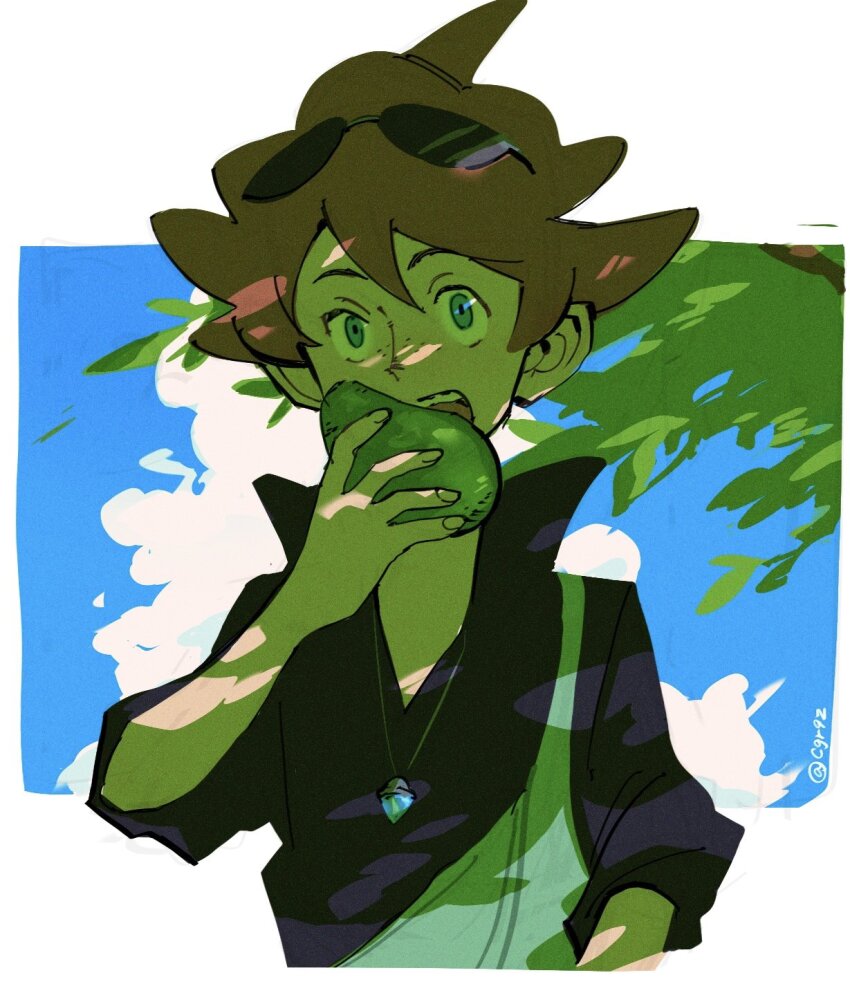 1boy, black_shirt, blue_eyes, blue_overalls, blue_sky, brown_hair, buck_hazeltine, cgr9z