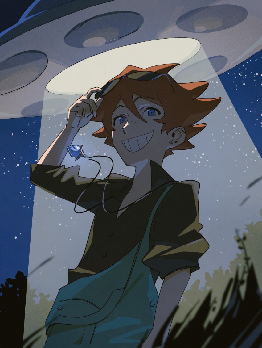 1boy, adjusting_eyewear, black_shirt, blue_eyes, blue_overalls, brown_hair, buck_hazeltine, cgr9z, commentary_request, eyewear_on_head, grin, highres, jewelry, necklace, night, outdoors, overalls, shirt, short_hair, sleeves_rolled_up, smile, solo, sunglasses, teeth, ufo, upper_body, youkai_watch, youkai_watch_3