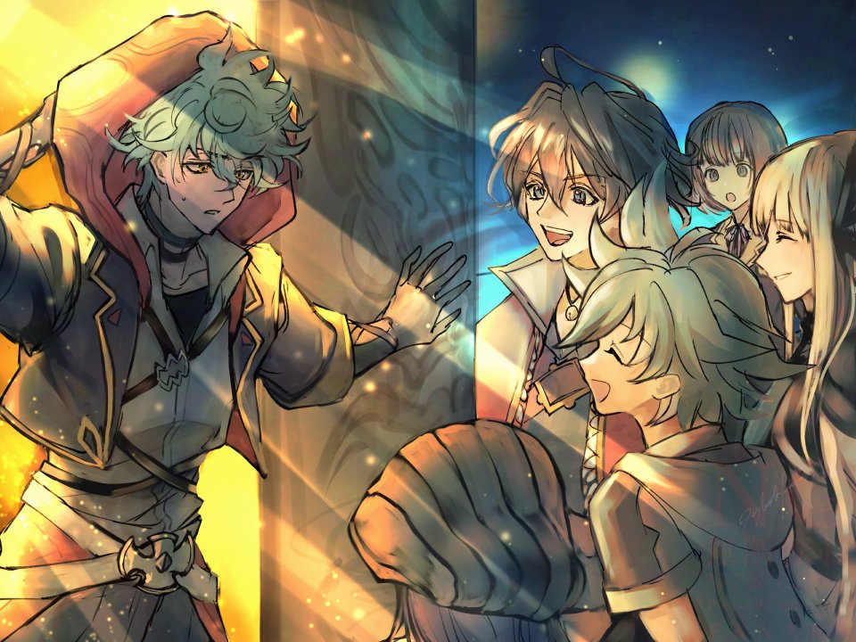 2girls, 4boys, aldo_(another_eden), another_eden, aqua_hair, beanie, bell, black_choker, black_gloves, black_hair, black_hat, black_jacket, black_shirt, blonde_hair, bob_cut, butterfly_hair_ornament, choker, closed_eyes, coat, collared_shirt, commentary_request, cropped_jacket, crossed_bangs, dewey_(another_eden), dual_persona, gloves, gold_trim, grey_hair, hair_between_eyes, hair_ornament, hanada_nadako, hat, hood, hood_down, isuka_(another_eden), jacket, long_hair, multiple_boys, multiple_girls, neck_bell, open_mouth, parted_lips, red_coat, red_hood, saki_(another_eden), sevyn_(another_eden), shirt, shirt_under_shirt, short_hair, short_sleeves, slouch_hat, smile, spiked_hair, sweatdrop, upper_body, white_shirt, yellow_eyes