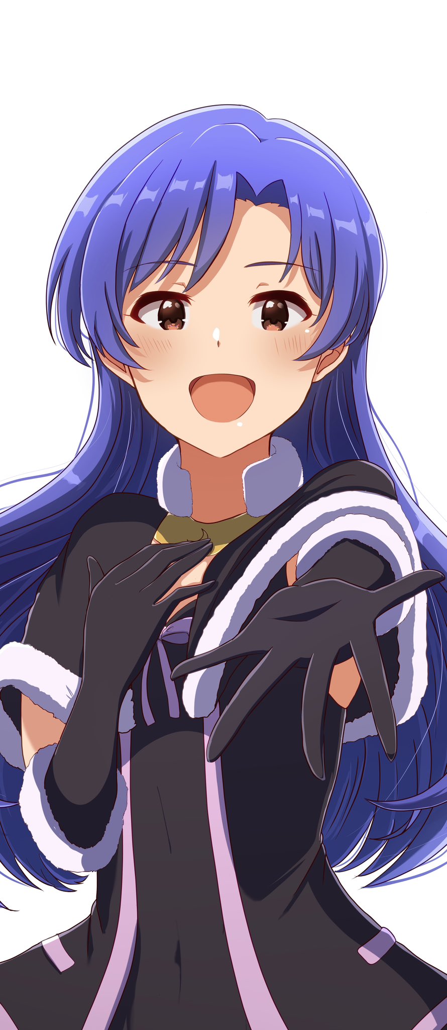 1girl, :d, black_capelet, black_dress, black_gloves, blue_hair, blush, brown_eyes