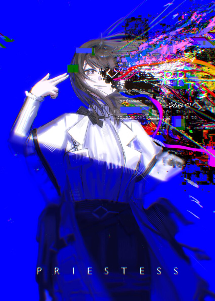 1girl, absurdres, arknights, blue_background, brown_eyes, brown_hair, commentary, exploded_head