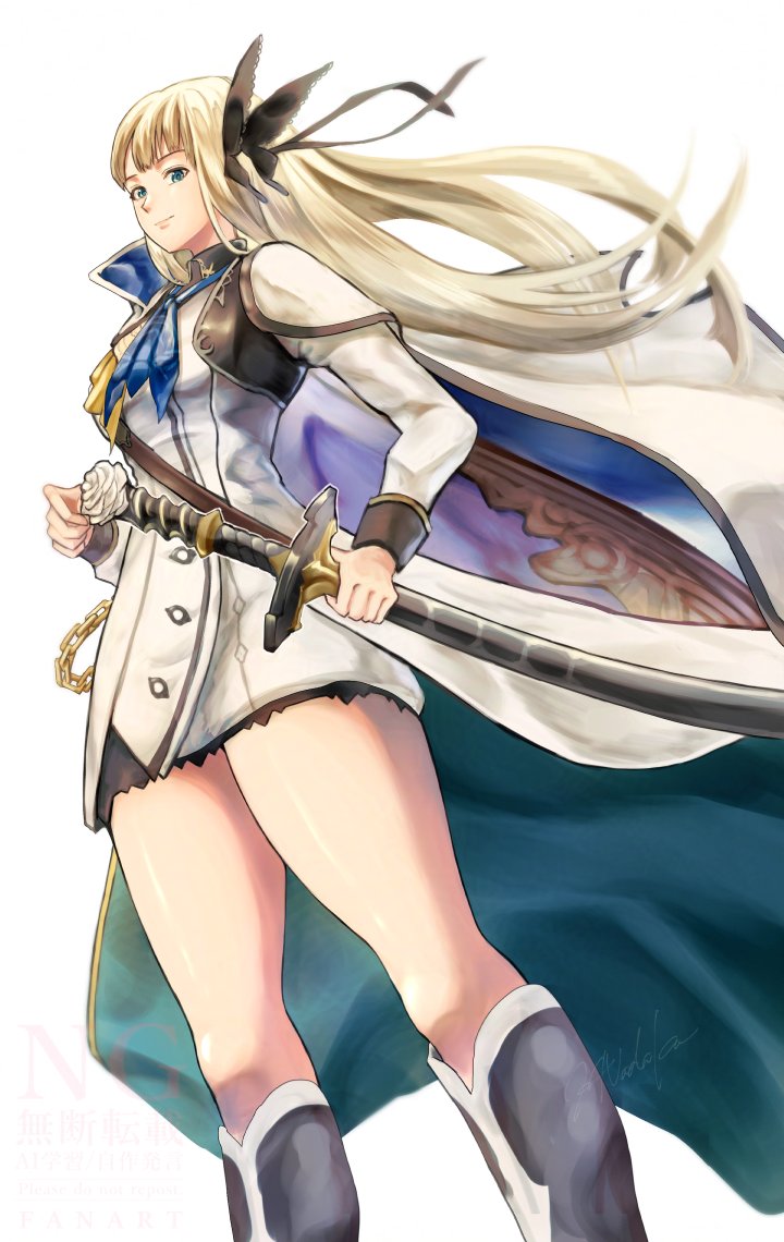 1girl, another_eden, armor, ascot, blonde_hair, blue_ascot, blue_eyes, blunt_bangs