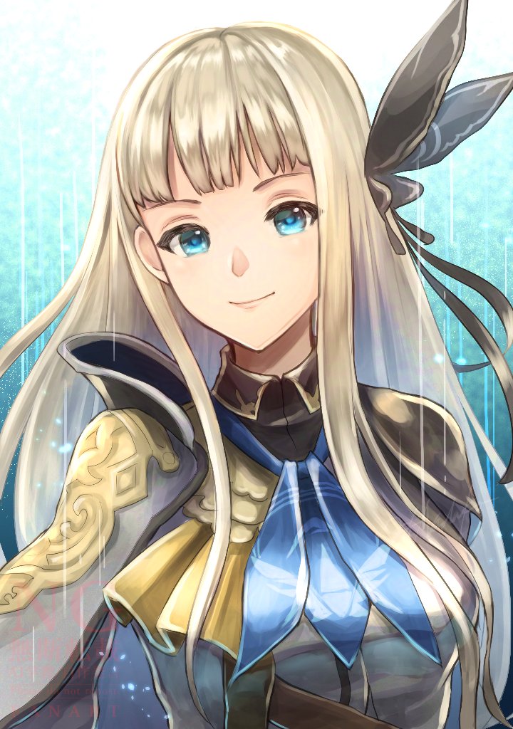 1girl, another_eden, armor, ascot, asymmetrical_armor, blonde_hair, blue_ascot, blue_eyes
