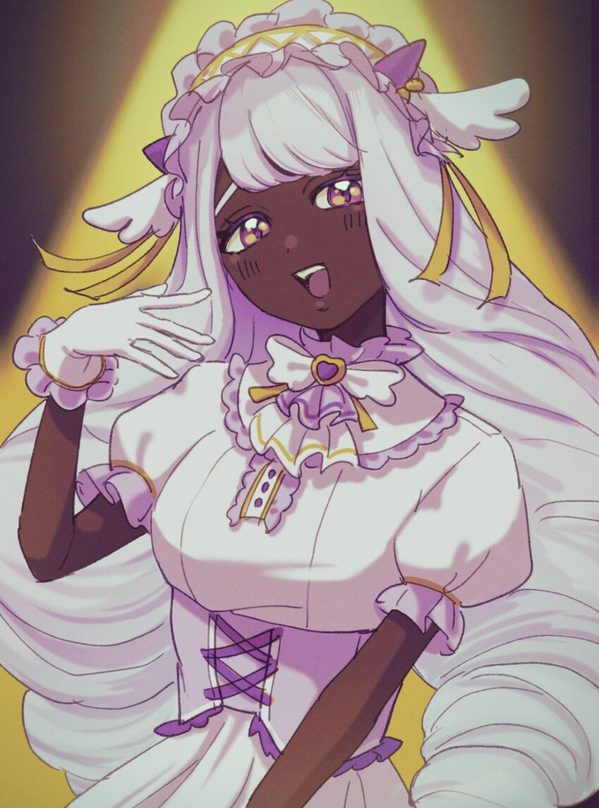 1girl, bow, breasts, commentary_request, corset, dark-skinned_female, dark_skin, dress