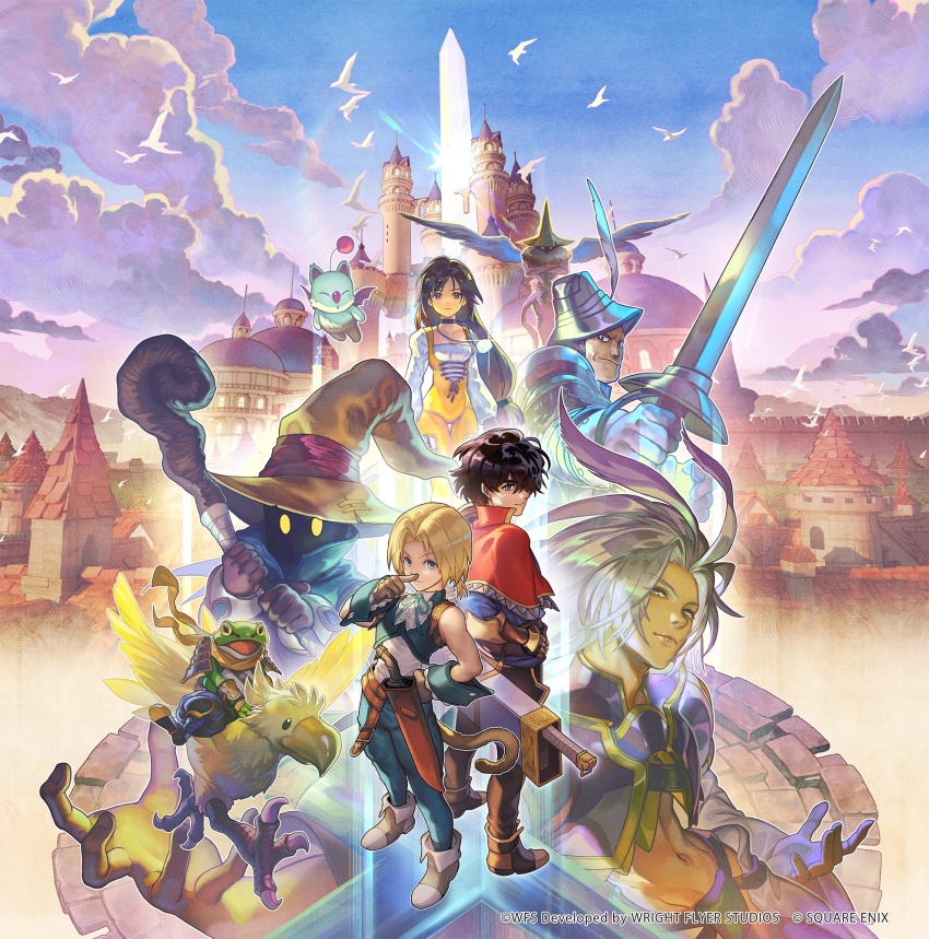 1girl, 6+boys, adelbert_steiner, aldo_(another_eden), another_eden, armor, back-to-back, bare_shoulders, bird, black_choker, black_hair, black_mage_(final_fantasy), black_waltz, blonde_hair, blue_coat, blue_pants, blue_vest, blue_wrist_cuffs, blush, bodysuit, boots, breasts, brown_boots, brown_gloves, capelet, castle, cat_tail, chocobo, choker, cloud, cloudy_sky, coat, codpiece, commentary_request, creature, cropped_jacket, cropped_vest, crossover, crystal, cyrus_(another_eden), feather_hair_ornament, feathers, final_fantasy, final_fantasy_ix, frog_boy, full_body, furrowed_brow, garnet_til_alexandros_xvii, gloves, gold_trim, grey_boots, grey_gloves, grey_hair, hair_ornament, hair_over_one_eye, hand_on_own_hip, hat, helm, helmet, highres, holding, holding_staff, holding_sword, holding_weapon, horizontal_pupils, jewelry, juliet_sleeves, knight, kuja, long_hair, long_sleeves, low-tied_long_hair, medium_breasts, midriff, moogle, multiple_boys, navel, neck_ribbon, official_art, open_mouth, orange_bodysuit, pants, parted_bangs, pauldrons, pendant, plate_armor, ponytail, puffy_sleeves, red_capelet, ribbon, riding, riding_bird, shirt, short_ponytail, shoulder_armor, showgirl_skirt, sky, square_enix, staff, sword, tail, thigh_strap, trap, upper_body, vest, vivi_ornitier, weapon, white_shirt, wings, wizard_hat, wright_flyer, wrist_cuffs, yellow_eyes, zidane_tribal