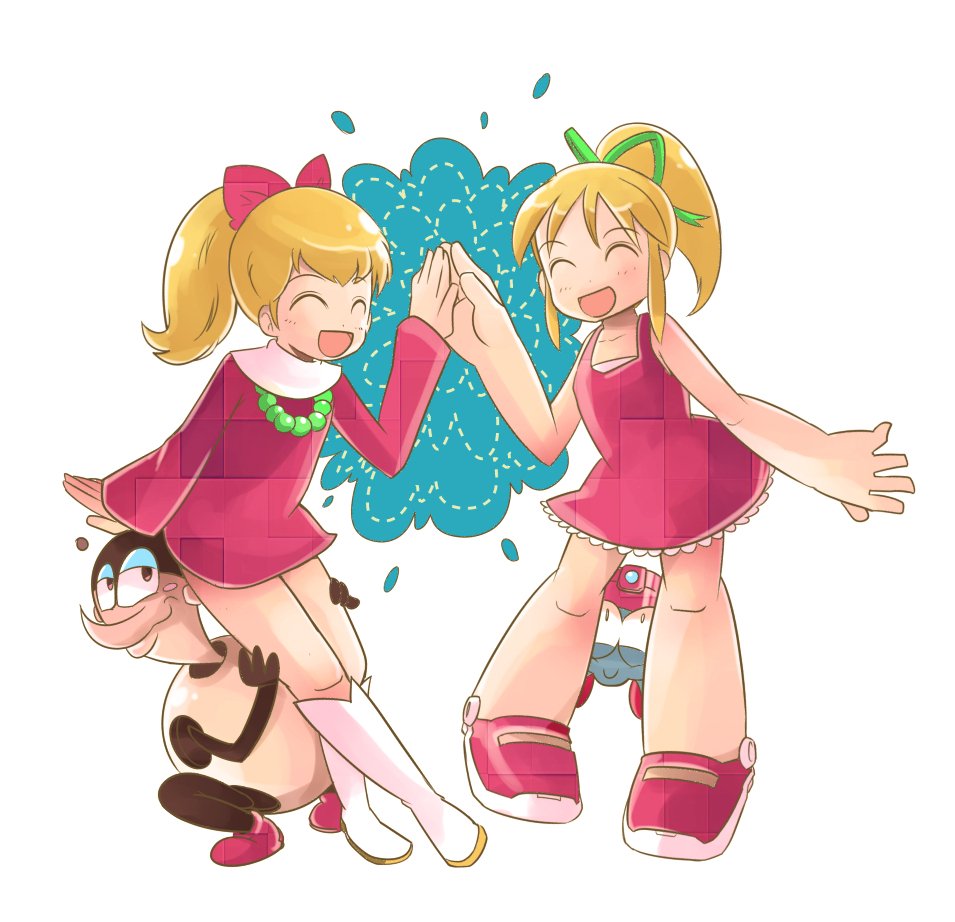 bariquand_(chargeman_ken!), bead_necklace, beads, black_boots, blonde_hair, blush, boots, bow, capelet, chargeman_ken!, collarbone, commentary_request, dress, eddie_(mega_man), green_ribbon, hair_between_eyes, hair_bow, happy, izumi_caron, jewelry, knee_boots, long_hair, long_sleeves, mega_man_(series), necklace, ponytail, red_bow, red_dress, ribbon, robojanai, roll_(mega_man), short_dress, sidelocks, simple_background, sleeveless, smile, square_neckline, white_background, white_boots, white_capelet