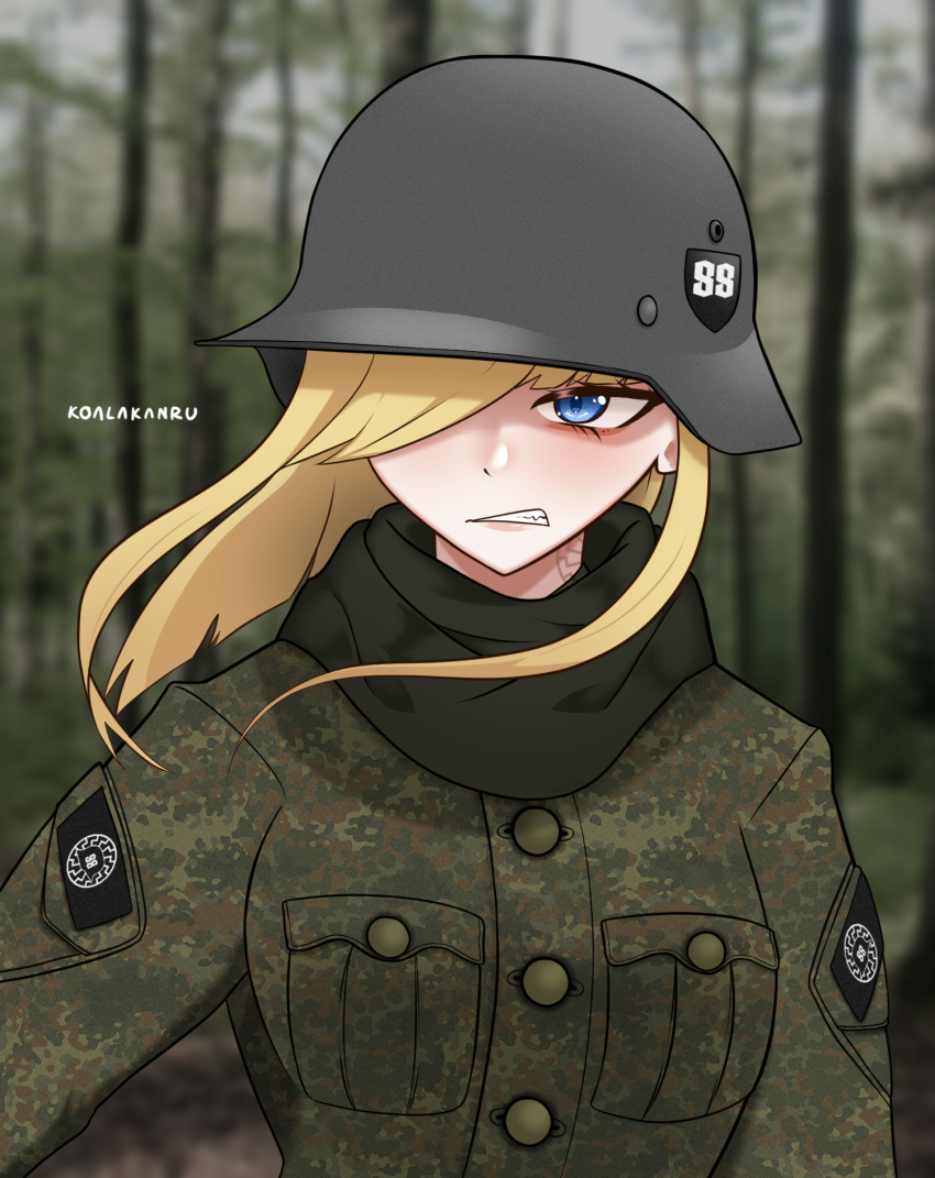 1girl, artist_name, black_sun_(symbol), blonde_hair, blue_eyes, breast_pocket, breasts, buttons, camouflage, camouflage_jacket, clenched_teeth, commentary, english_commentary, floating_hair, green_scarf, hair_over_one_eye, highres, jacket, koalakanru, military, nazi, neck_tattoo, original, patch, photo_background, pocket, scarf, tattoo, teeth, tree, world_war_ii