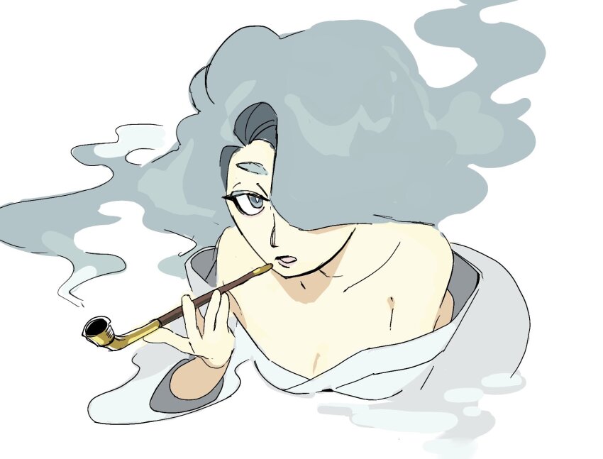 1girl, cgr9z, commentary_request, enraenra_(youkai_watch), grey_eyes, grey_hair, hair_over_one_eye, highres, holding, holding_smoking_pipe, long_hair, looking_at_viewer, open_mouth, simple_background, smoking, smoking_pipe, solo, upper_body, white_background, youkai_(youkai_watch), youkai_watch