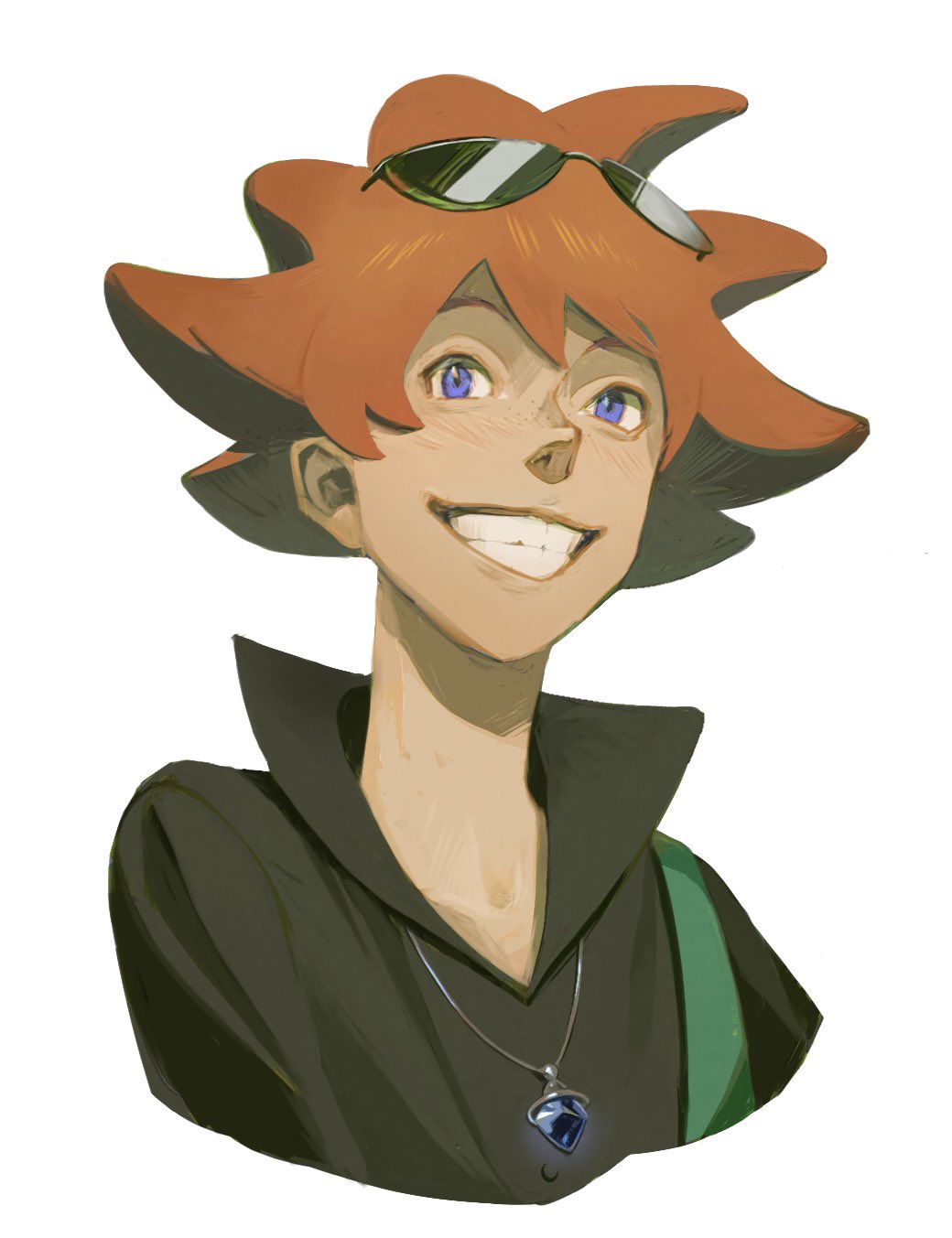 1boy, black_shirt, blue_eyes, brown_hair, buck_hazeltine, cgr9z, commentary_request, eyewear_on_head