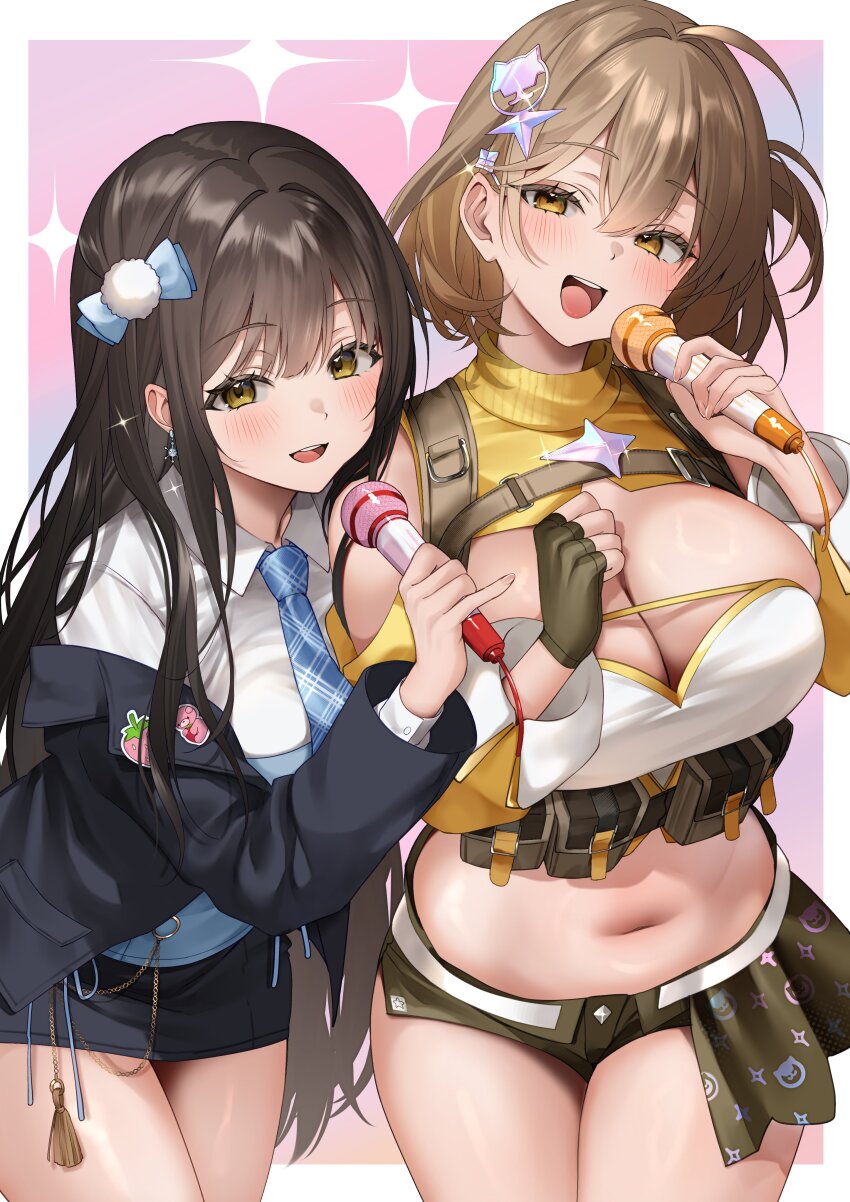 2girls, absurdres, ammunition_pouch, anis_(nikke), black_hair, blush, border, breasts