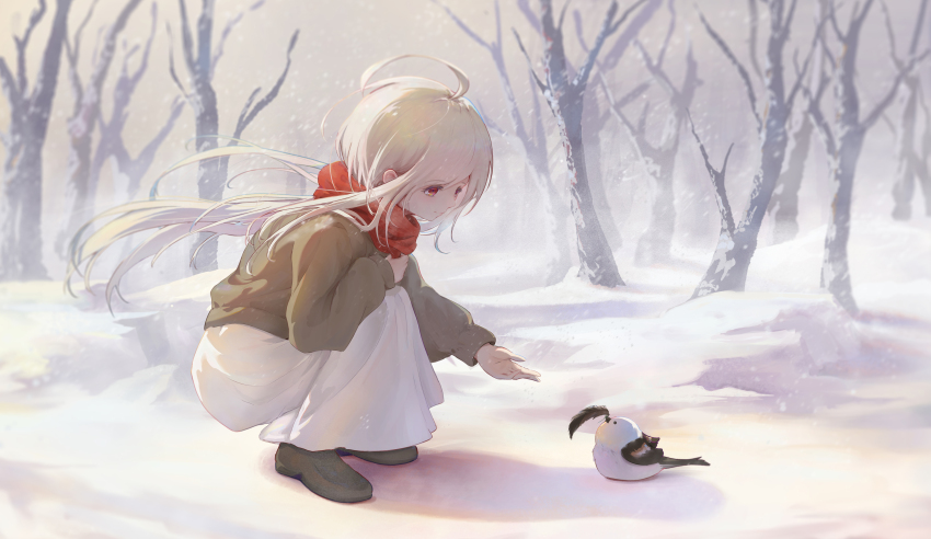 1girl, absurdres, ahoge, alu_(alu51242421), bare_tree, bird, brown_shoes, brown_sweater, closed_mouth, commentary_request, enpera, from_side, full_body, highres, loafers, long-tailed_tit, long_hair, long_skirt, long_sleeves, looking_at_animal, open_hand, original, outdoors, red_eyes, red_scarf, scarf, shoes, skirt, smile, snow, snowing, solo, squatting, sweater, tit_(bird), tree, very_long_hair, white_hair, white_skirt, winter