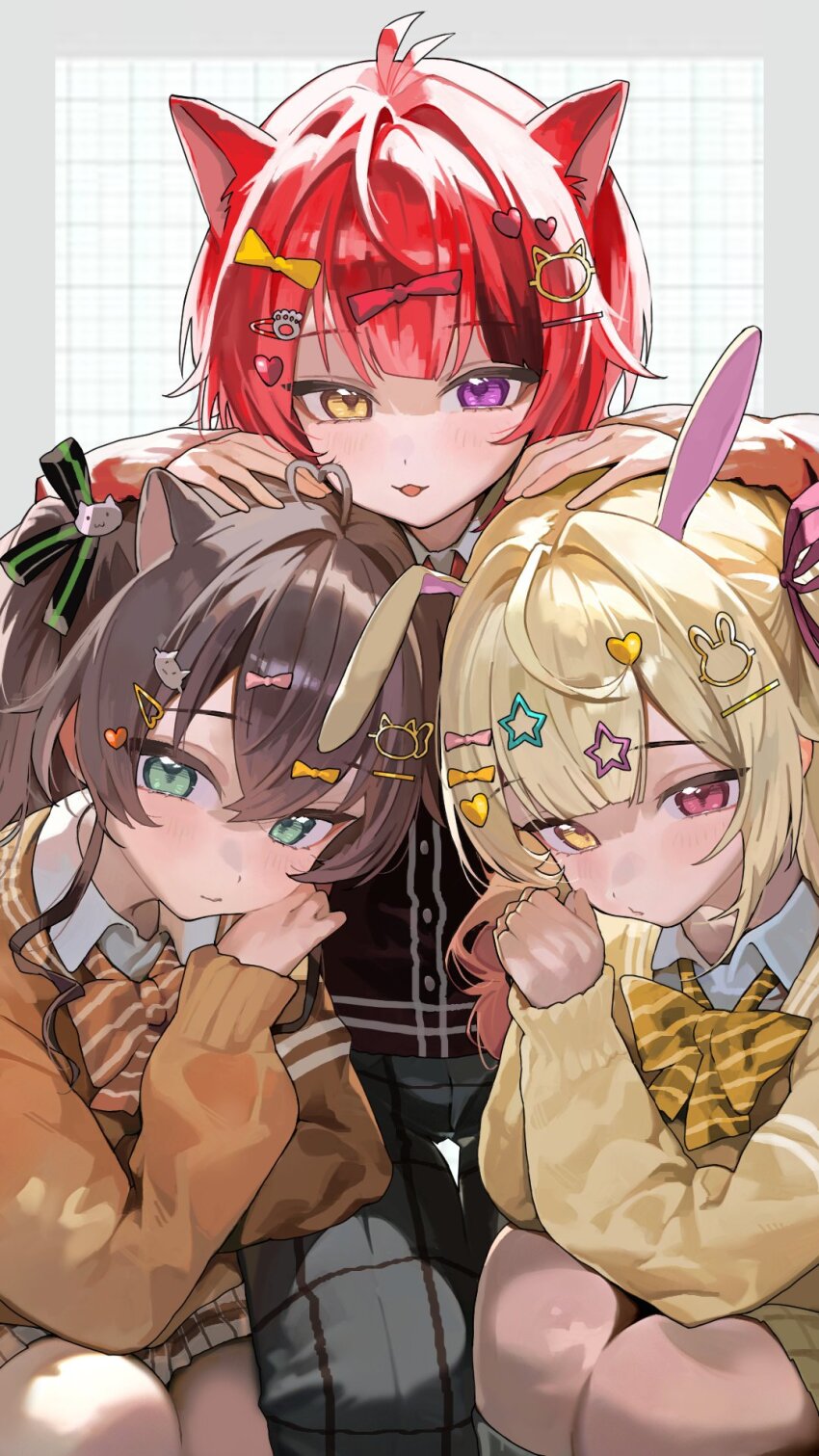 1boy, 2girls, ahoge, alternate_costume, animal_ears, antenna_hair, blonde_hair, bow