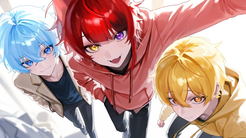 3boys, black_pants, blonde_hair, blue_eyes, blue_hair, brown_jacket, clenched_hand, closed_mouth