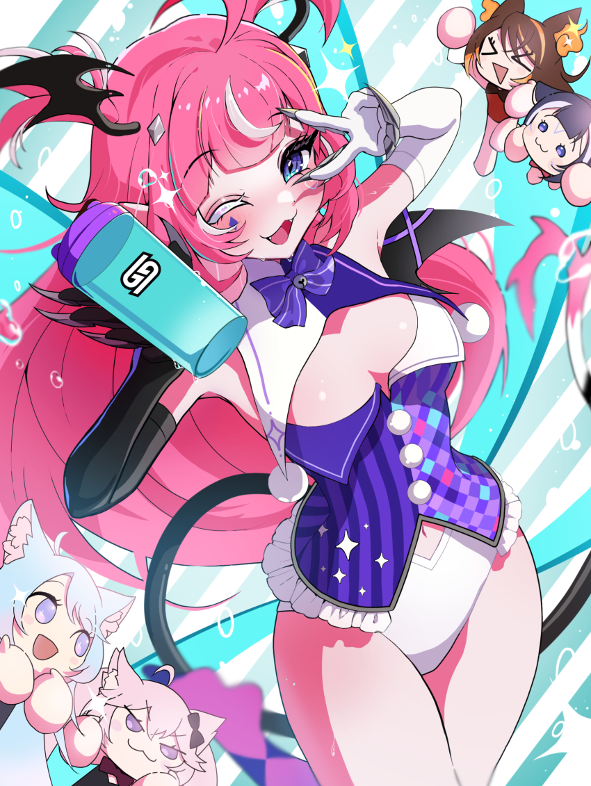 >_<, 5girls, :3, absurdres, ahoge, animal_ears, asymmetrical_gloves, bell