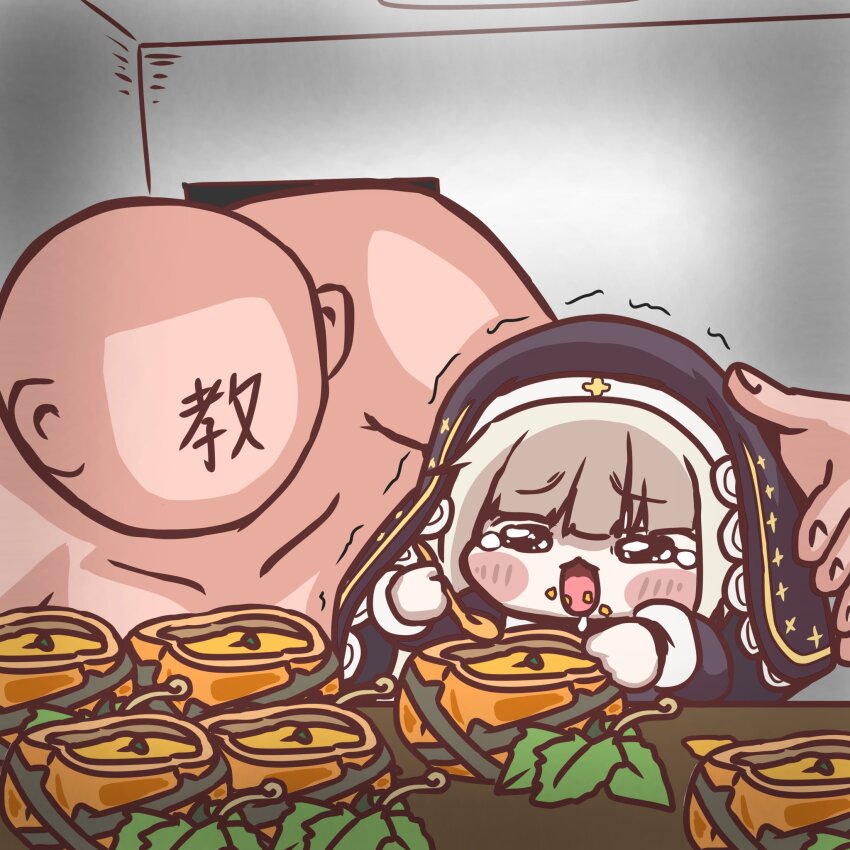 1boy, 1girl, blank_room_soup, blonde_hair, blush_stickers, chibi, clothed_female_nude_male, coif