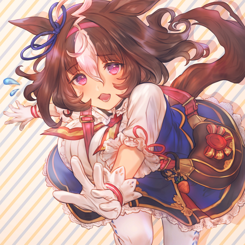 1girl, ahoge, animal_ears, bag, between_breasts, bow, breasts, brown_hair