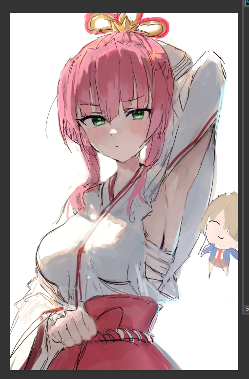 1girl, 2girls, aikawa_megumi, aikawa_megumi_(heart-stirring_flame), arm_behind_head, arm_up, armpit_cutout, armpits, blush, breasts, chibi, closed_mouth, clothing_cutout, green_eyes, hair_between_eyes, hair_ornament, hair_ribbon, hakama, hakama_skirt, heaven_burns_red, japanese_clothes, kayamori_ruka, kimono, large_breasts, long_hair, long_sleeves, looking_at_viewer, medium_breasts, miko, multiple_girls, pink_hair, presenting_armpit, red_hakama, ribbon, sarashi, sidelocks, simple_background, skirt, sleeveless, sleeveless_kimono, solo, solo_focus, sonchi, upper_body, white_background, white_kimono, wide_sleeves