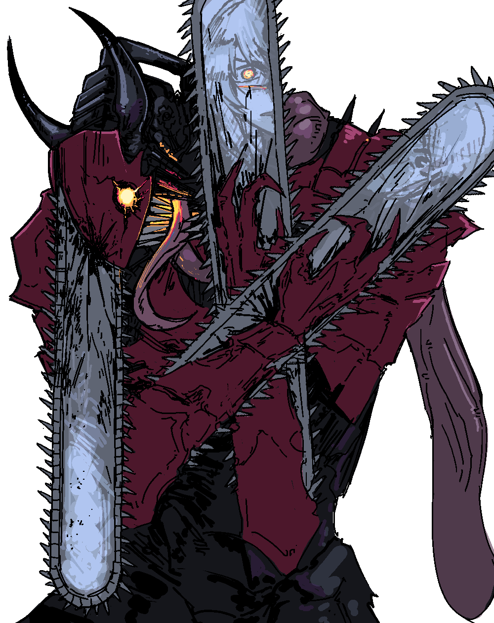 1boy, 1girl, chainsaw, chainsaw_man, commentary, cross_scar, demon_horns, denji_(chainsaw_man), denji_man_(chainsaw_man), english_commentary, heartbreak_juan, highres, horns, intestine_clothing, long_tongue, mitaka_asa, open_mouth, scar, sharp_teeth, simple_background, teeth, tongue, tongue_out, white_background, yoru_(chainsaw_man)