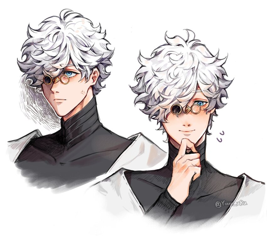 1boy, anger_vein, blue_eyes, blush, glasses, highres, male_focus, multiple_views