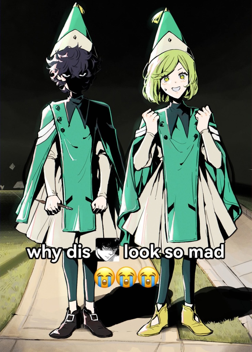 2girls, agott_arklaum_(tongari_boushi_no_atelier), black_leggings, calligraphy_brush, clenched_hand, coco_(tongari_boushi_no_atelier), emoji, green_eyes, green_hair, hashtag-only_commentary, hat, hat_tassel, highres, leggings, multiple_girls, outdoors, paintbrush, qifrey's_atelier_apprentice_uniform, shadow, smile, sweatdrop, teeth, tongari_boushi_no_atelier, youre_uru