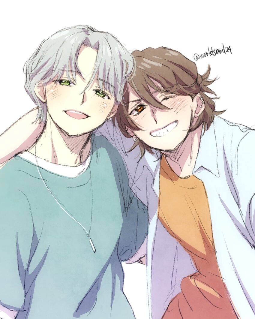 2boys, blush, collarbone, earrings, hair_between_eyes, half_updo, hand_on_another's_shoulder, hibiki_kaito