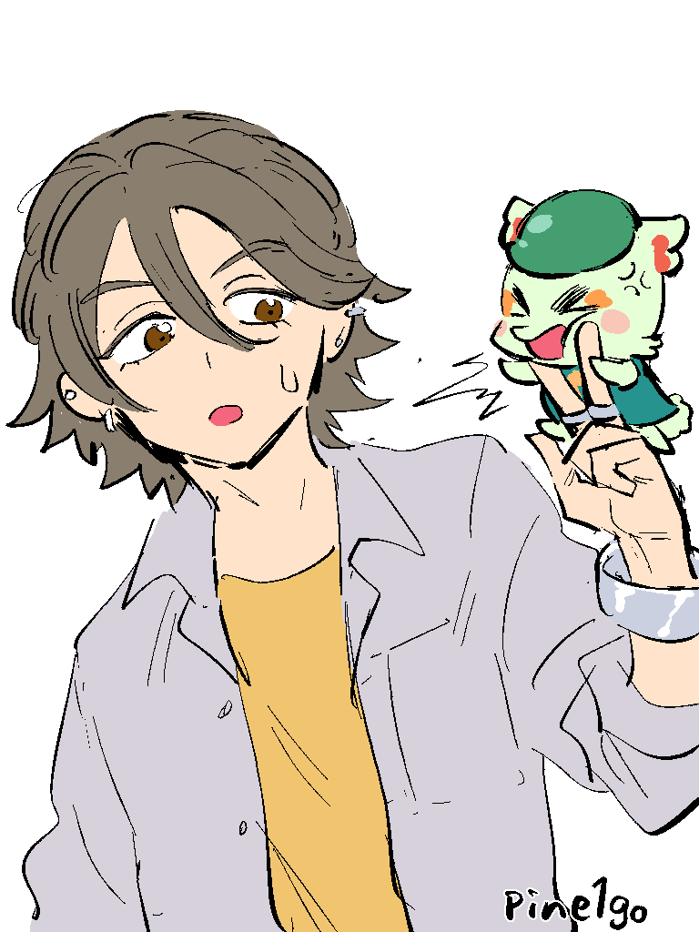 angry, black_jacket, brown_hair, collarbone, earrings, hair_between_eyes, half_updo, hoop