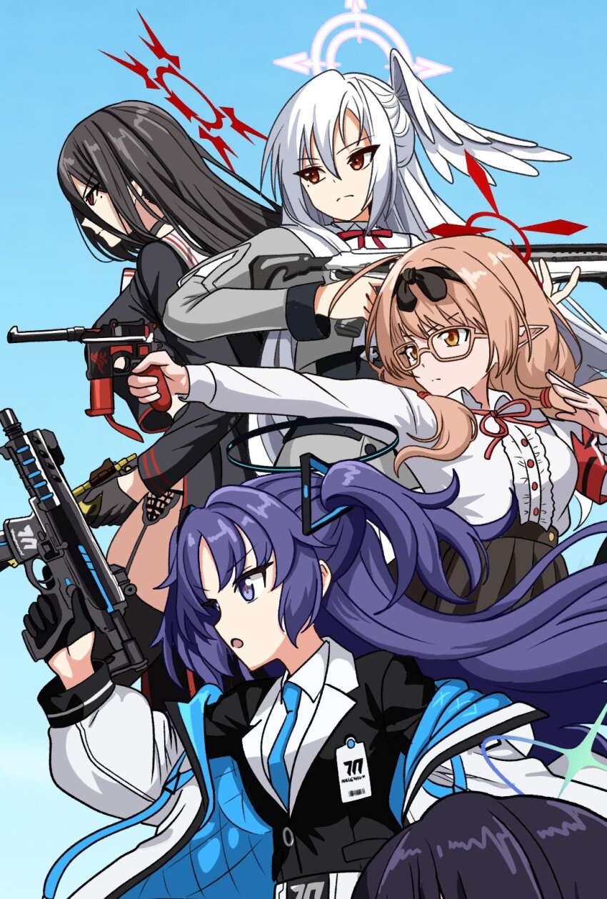 5girls, assault_rifle, black_gloves, black_hair, black_hairband, black_serafuku, black_skirt, black_suit