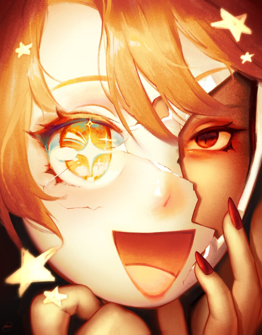 +_+, :d, artist_name, blonde_hair, broken_mask, commentary, crack, cracked_kawaii_mask