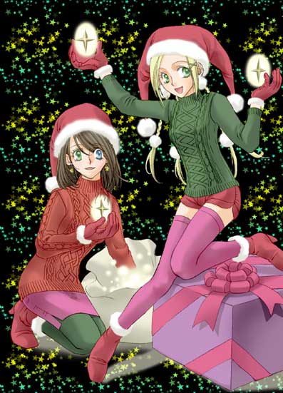 00s, 2girls, blonde_hair, blue_eyes, brown_hair, christmas, female_focus, final_fantasy