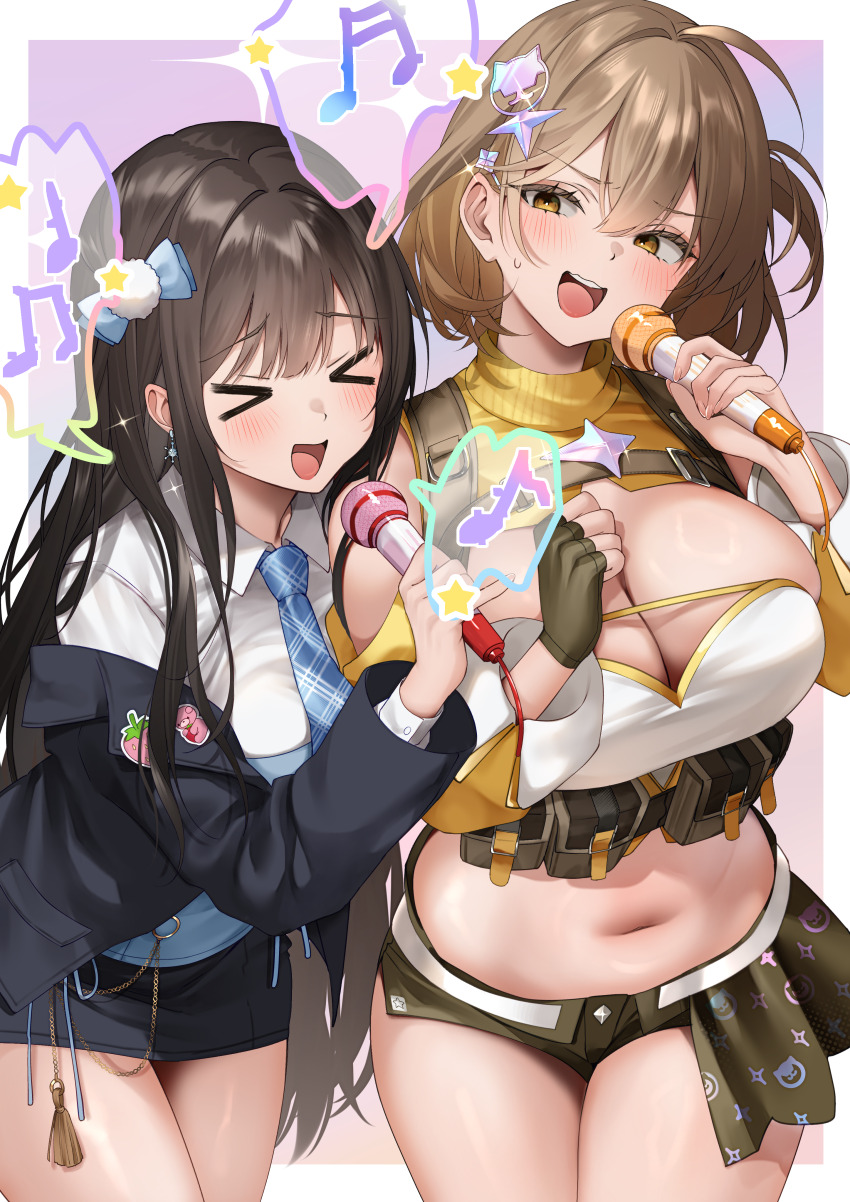>_<, 2girls, :d, absurdres, ammunition_pouch, anis_(nikke), bad_singing, bandeau, bare_shoulders, belt_pouch, black_hair, black_jacket, black_shorts, black_skirt, blue_corset, blue_necktie, blush, border, bow, breasts, brown_eyes, brown_hair, cat_hair_ornament, chest_strap, cleavage, cleavage_cutout, clothing_cutout, collared_shirt, commentary_request, corset, cowboy_shot, diesel_(nikke), diesel_(winter_sweets)_(nikke), dress_shirt, earrings, fingerless_gloves, gloves, goddess_of_victory:_nikke, hair_between_eyes, hair_bow, hair_ornament, hairclip, highres, holding, holding_microphone, jacket, jewelry, large_breasts, leaning_forward, long_hair, long_sleeves, looking_at_another, microphone, midriff, miniskirt, multiple_girls, music, musical_note, navel, necktie, nigi_(ngmnoym), off_shoulder, official_alternate_costume, open_mouth, pink_background, plaid_clothes, plaid_necktie, pouch, shirt, short_shorts, shorts, shoulder_cutout, shrug_(clothing), side_slit, side_slit_shorts, sidelocks, singing, single_fingerless_glove, skirt, smile, standing, sweat, tassel, teeth, underbust, upper_teeth_only, white_bandeau, white_border, white_shirt, xd, yellow_shrug